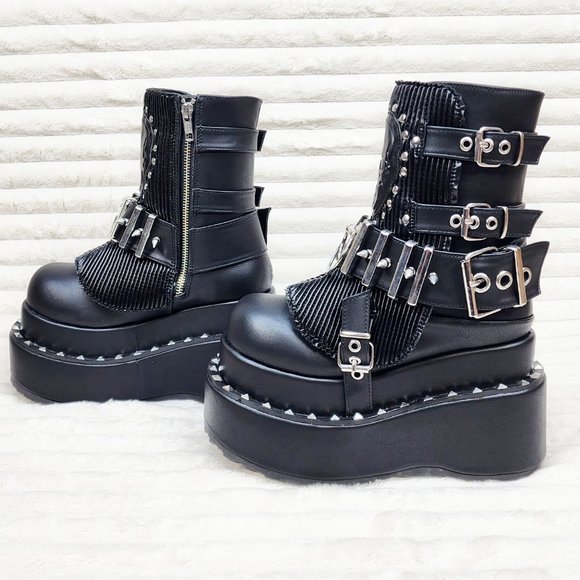 Stud & Skull Patch Black Matte Bear 150 Platform Ankle Boots Goth Punk Rave - Picture 5 of 15